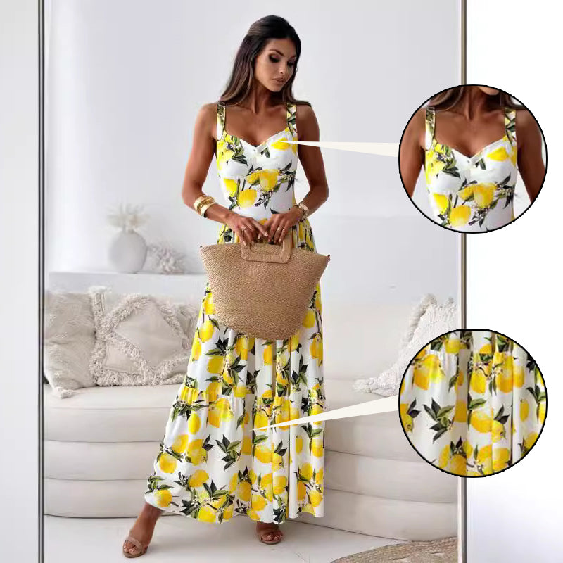 💕50% RABATT🍋Elegantes langes Kleid mit Spaghettiträgern und Zitronendruck für Frauen