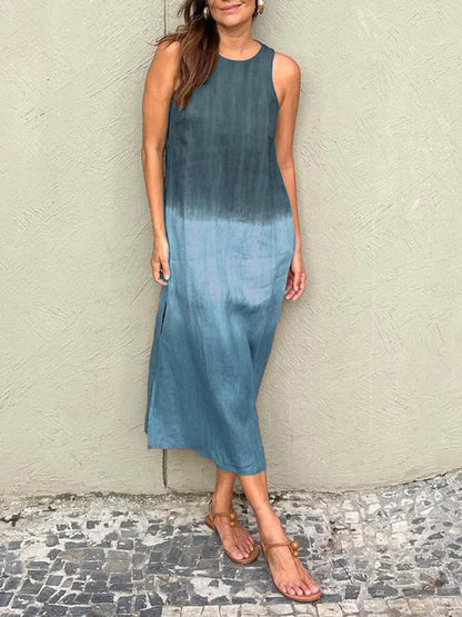 【Same Day Delivery】Women's casual cotton and linen sleeveless slit gradient tie-dye long dress