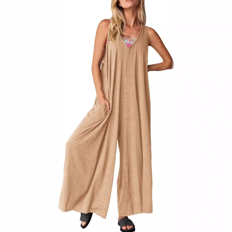 💥37%Rabatt Lässiger ärmelloser Jumpsuit mit V-Ausschnitt und weitem Bein für Damen