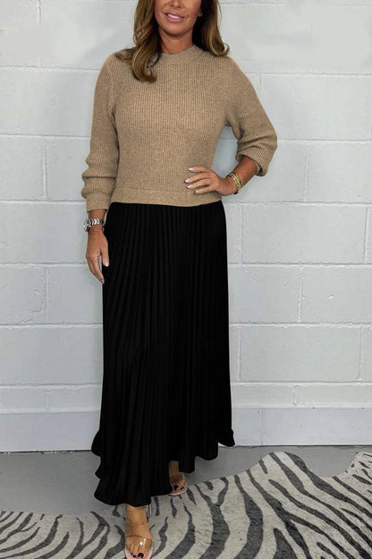 Women's solid color Long Sleeve Jumper & Pleated Bottom Dress