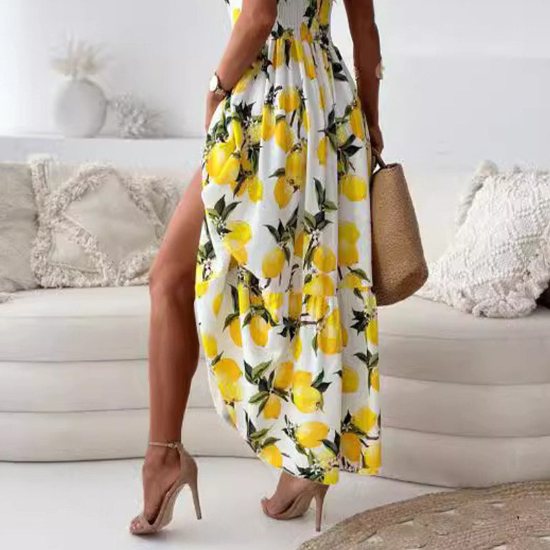 💕50% RABATT🍋Elegantes langes Kleid mit Spaghettiträgern und Zitronendruck für Frauen