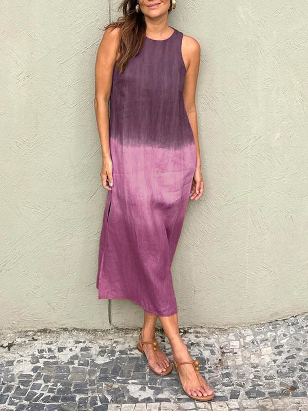 【Same Day Delivery】Women's casual cotton and linen sleeveless slit gradient tie-dye long dress