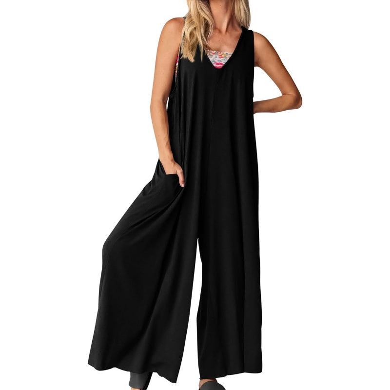 💥37%Rabatt Lässiger ärmelloser Jumpsuit mit V-Ausschnitt und weitem Bein für Damen